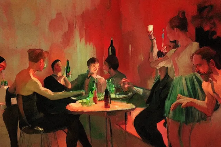 Image similar to ballet dancers drinking brutal and raw wine, inside a tiny green room with red lights by joaquin sorolla, greg rutkowski, bill sienckiwicz, extremely detailed