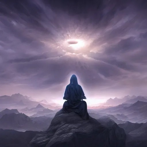 Prompt: concept art trending on art station detailed matte painting of a giant being meditation in the sky, dramatic, 8k, digital art