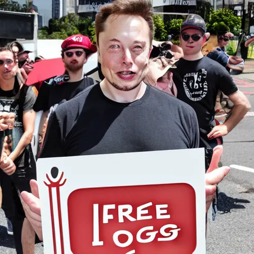 Image similar to Elon Musk holding a sign saying Free Hotdogs, highly detailed, high quality, HD, 4k, 8k, Canon 300mm, professional photographer, 40mp, lifelike, top-rated, award winning, realistic, sharp, no blur, edited, corrected, trending