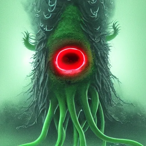 Prompt: A tall green monster with large red eyes and a beard made out of tentacles,puking slime from its mouth walking through the fog,gloomy lighting , digital art , highly detailed , high contrast, beautiful lighting, award winning , trending on art station, 8k