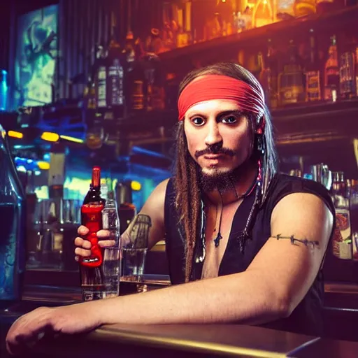 Image similar to high quality portrait of a pirate bartender in a cyberpunk cyberpunk cyberpunk cafe, realism, 8k, award winning photo