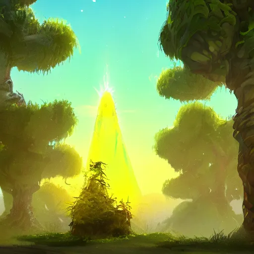 Prompt: a screenshot of a towering urdtree. it is glowing yellow, beautiful scenery, professional artwork, artstation