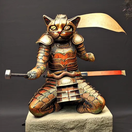 Image similar to cat warrior statue in samurai insect armor, realistic painting.