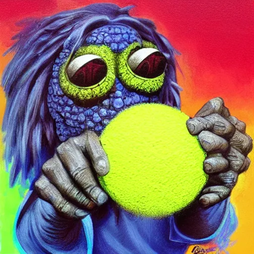 Image similar to a tennis ball monster ,tennis ball, colorful, digital art, fantasy, magic, trending on artstation, ultra detailed, profile picture, professional illustration by Basil Gogos