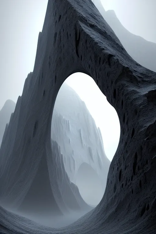 Prompt: futuristic atmosphere in the snowy mountains dolomites 3 d concept art, cinematic lighting, in the mouth of a cave, intricate details, building by zaha hadid, stormy weather, emissary space by arthur haas and bruce pennington and john schoenherr, cinematic matte painting, dark moody monochrome colors, trending on artstation, featured on behance