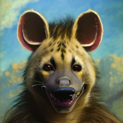 Prompt: a cinematic shot of a female hyena hyenawoman canine in wizard robes. zootopia fursona furaffinity furry art detailed face painting by gaston bussiere craig mullins jc leyendecker gustav klimt artgerm greg rutkowski furry