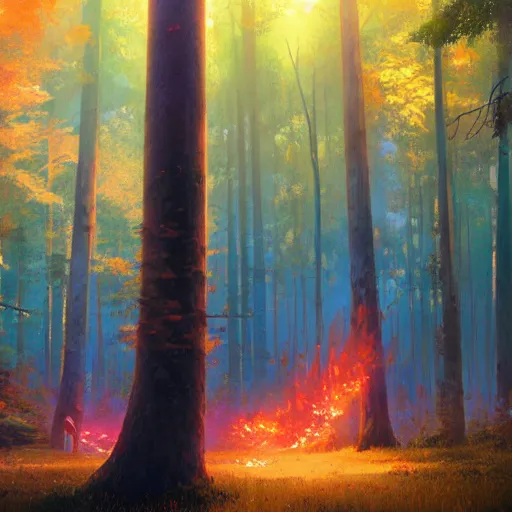 Image similar to A rainbowed fire of life heal a fantastic forest, oil panting, high resolution 4K, by Ilya Kuvshinov, Greg Rutkowski and Makoto Shinkai