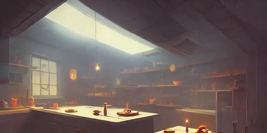 Prompt: minimalistic kitchen dim lit by a candle ripped physique simon stalenhag gerald brom bastien grivet by greg rutkowski, game background, fisheye lens, high angle view, curved lines