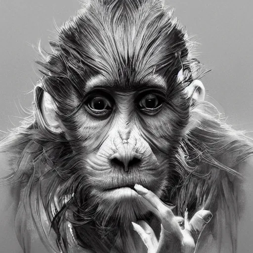 Image similar to Very funny Emma Watson looking like an old monkey, colorful painting on grey scale face, powerful , magic, thunders, dramatic lighting, intricate, wild, highly detailed, digital painting, artstation, concept art, smooth, sharp focus, illustration, art by artgerm and greg rutkowski and alphonse mucha, footage