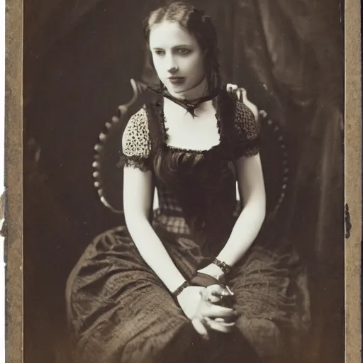 Image similar to photo, young woman, sitting on chair, gothic clothes