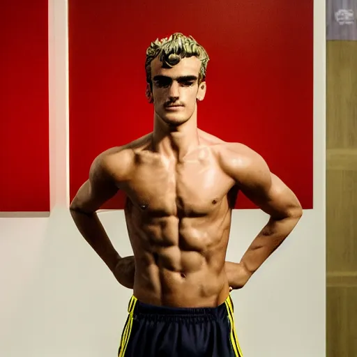 Image similar to a realistic detailed photo of a guy who is an attractive humanoid who is half robot and half humanoid, who is a male android, soccer player antoine griezmann, shiny skin, posing like a statue, blank stare, in a living room, on display, showing off his muscles