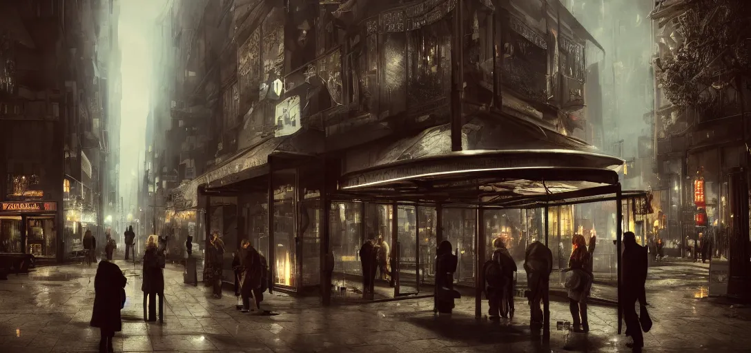 Image similar to some people waiting in a lone bus stop in qiet dark city, hyper detailed, dramatic lighting, cgsociety, realistic, hyper detailed, insane details, intricate, dramatic lighting, hypermaximalist, golden ratio, rule of thirds, octane render, weta digital, micro details, ultra wide angle, artstation trending, 8 k,