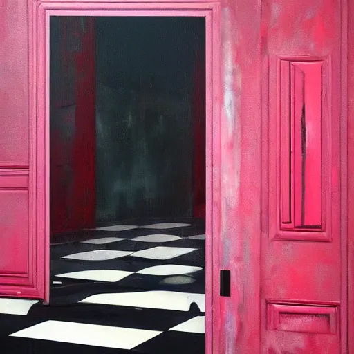 Image similar to diego dayer, hyperrealistic surrealism, award winning masterpiece with incredible details, a surreal vaporwave painting of bright pink door leading to nowhere, mirrors everywhere, highly detailed, hallway with black and white checkered floor, intricate, elegant