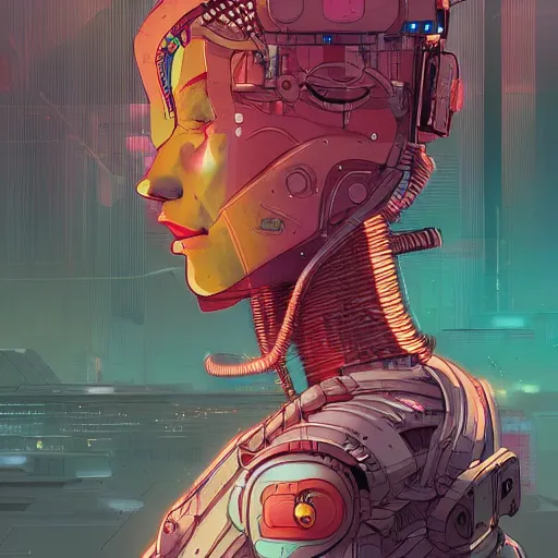 Image similar to comic book illustration, a portrait of a cybernetic buddhist meditating, cyberpunk concept art by josan gonzales and wlop, highly detailed, intricate, sci-fi, sharp focus, Trending on Artstation HQ, deviantart