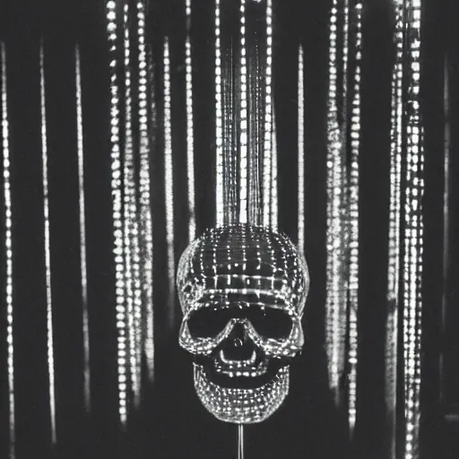 Prompt: a disco skull full of long spikes, reflecting light in a nightclub, grainy film photograph