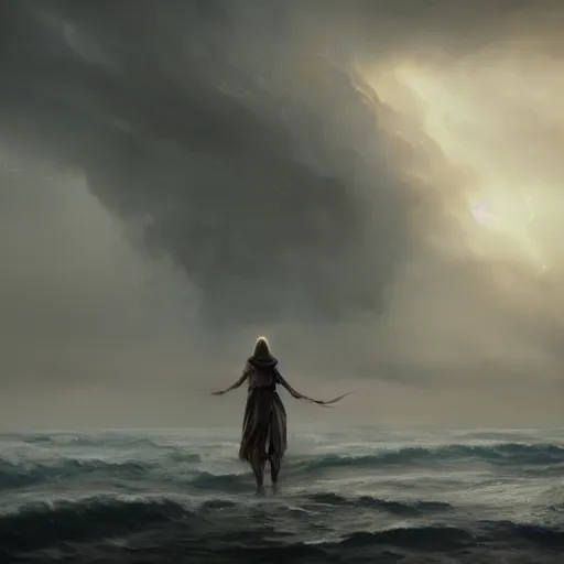 Image similar to concept art, facing the back of a woman standing alone in the middle of a sea storm, face forms in the clouds, thunderstom, rain, medieval, dark concept art, dark skies painting by wlop, nixeu and greg rutkowski, beautiful, semirealism, artstation, octane render, oil painting, sharpness, 8 k, golden ratio