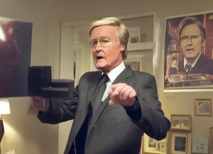 Prompt: action shot of ken barlow from coronation Street performing a hadouken, realistic, detailed, cinematic, concept art, digital art,