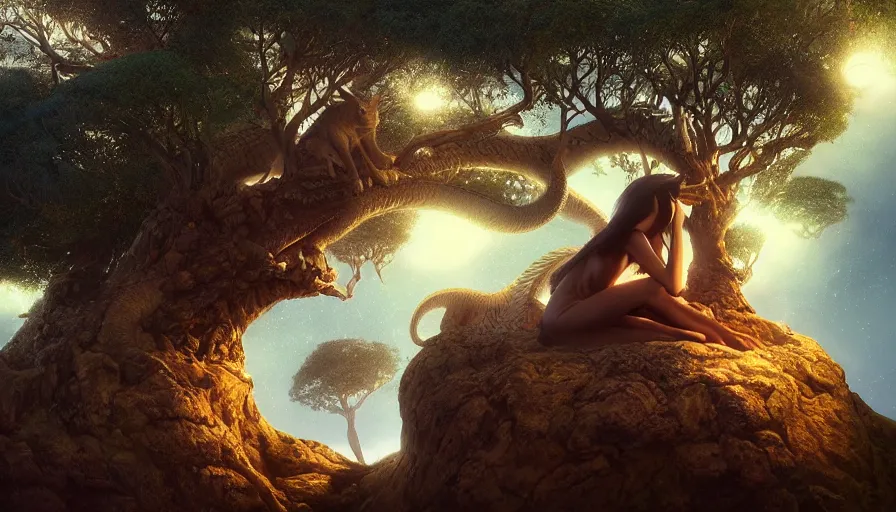 Prompt: very very small cat, sitting on a gigantic dragon tree in moonlit socotra island by ilya kuvshinov, rtx rendering, octane render 1 2 8 k, maya, extreme high intricate details by tom bagshaw, medium shot, close up shot, composition by sana takeda, lighting by greg rutkowski