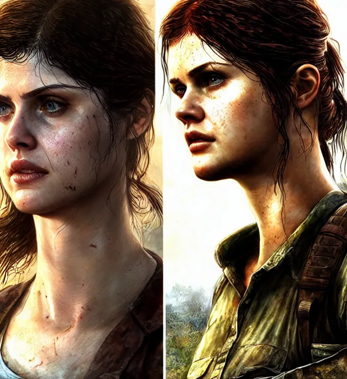 Image similar to alexandra daddario as ellie from last of us 2, josh holloway as joel from last of us 2, realistic, sharp focus, hdr, 8 k, high definition, insanely detailed, intricate, elegant, art by stanley lau and artgerm, luis royo, greg kutkowski