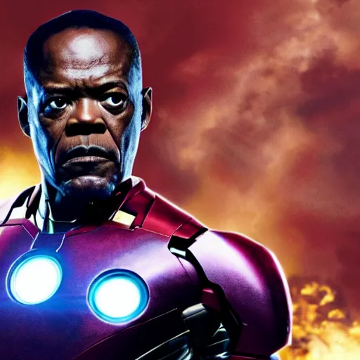 Image similar to film still of Samuel L Jackson as Iron Man, in new Avengers film