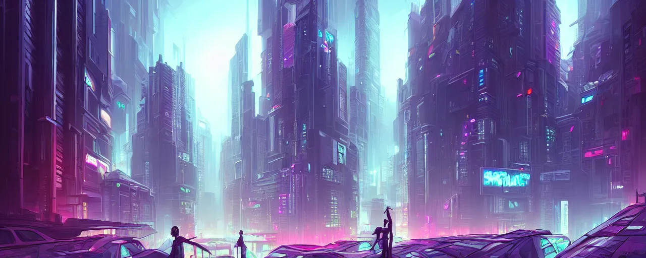 Prompt: A cyberpunk cityscape, by Cyril Rolando, landscape, dramatic lighting, high contrast colors, panoramic view, as trending on Artstation, highly detailed,
