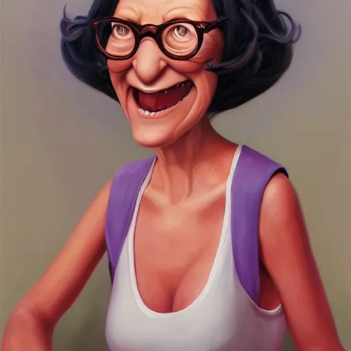 Image similar to beautiful hyperrealistic detailed matte portrait painting of happy linda belcher from bobs burger, by andreas rocha and john howe, and martin johnson