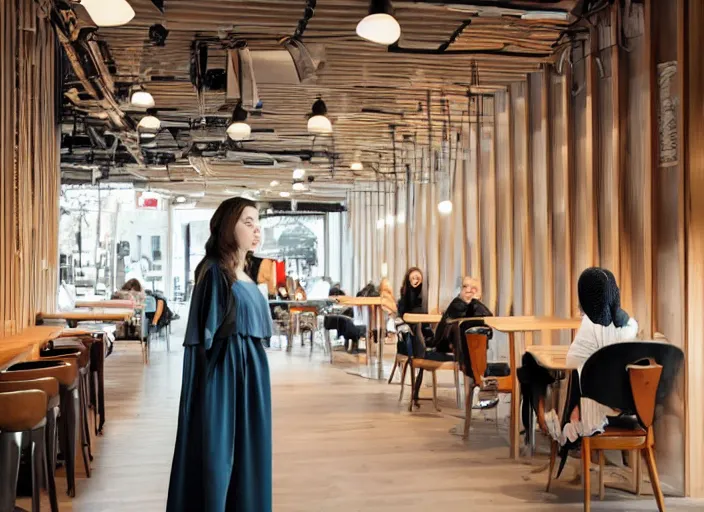 Image similar to beautiful!!! young adult woman in a cozy coffee shop wearing an avant garde outfit designed by zaha hadid, natural lighting, 5 0 mm