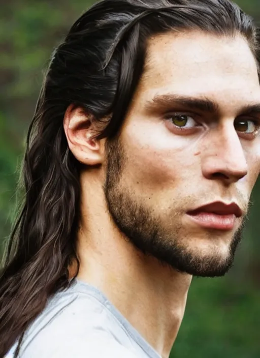 Image similar to a skinny young Tarzan with a man bun, close-up portrait of young white male, with long straight slicked back brown black hair shoulder length
