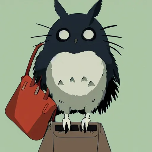 Image similar to still from studio ghibli movie My Neighbor Totoro, Hayao Miyazaki,barn owl in a black suit wearing an office bag going to the office, symetrical face,digital oil painting