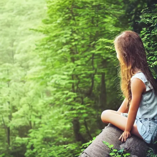 Image similar to a girl looking out over a lush green forest