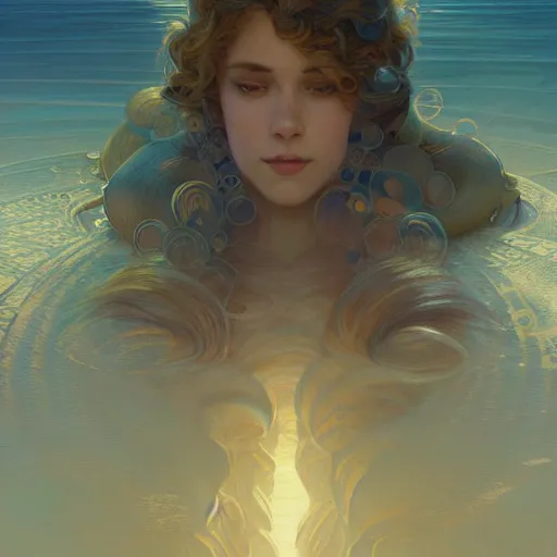 Image similar to an ocean of dreams, symetry, golden ratio, intricate, detailed, volumetric lighting, scenery, digital painting, highly detailed, artstation, sharp focus, illustration, artstation, art by artgerm and greg rutkowski and alphonse mucha