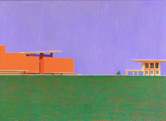 Image similar to painting of a frank lloyd wright house in the california desert by david hockney