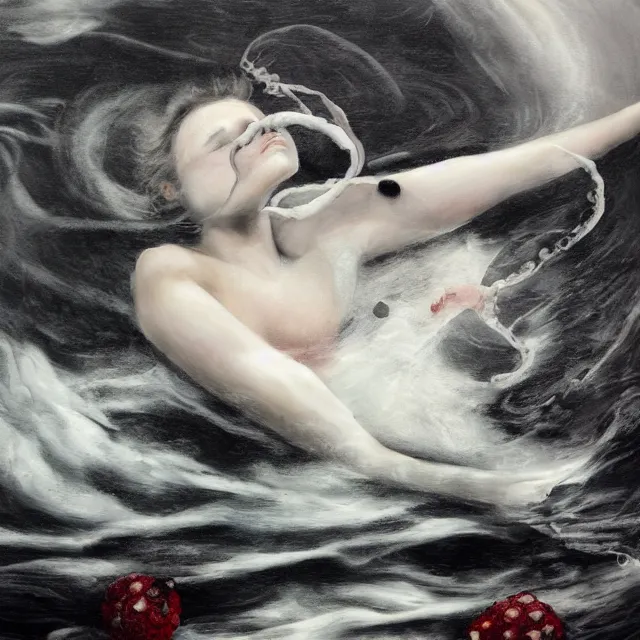 Image similar to a female art student falling asleep, misty, iceberg, black paint, dark, sensual, dreamy, waves, paint swirls, cloudy, squashed berries, octopus, neo - impressionist, surrealism