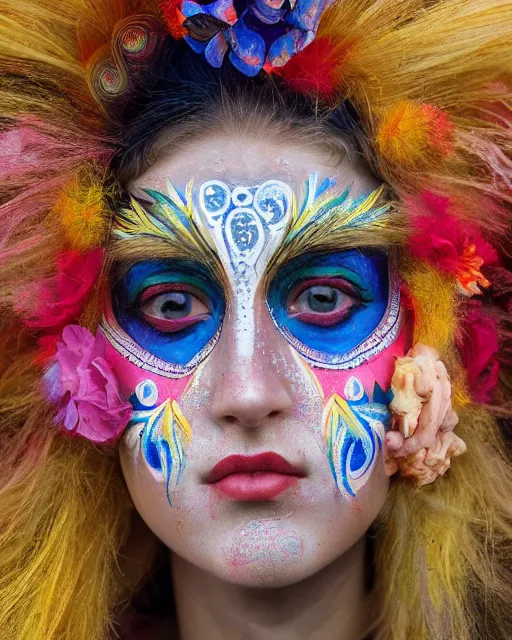 Image similar to a beautiful girl at carnival wearing colourful face paint surrounded by colourful intricate patterns, by edgar maxence and caravaggio and michael whelan, intricate painting, hyper realistic, extremely detailed and beautiful aesthetic face, 8 k resolution