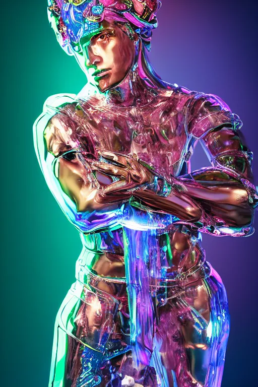 Prompt: hyper detailed ultra sharp fullbody photo of baroque and cyberpunk transparent pink gem sculpture of a muscular seductive young latino feeling muy cachondo, muy dotado, iridescent humanoid deity wearing ed plastic seethrough cloak, holding a rainbow tiger gem, blue diamond, glowing pink face, crown of white diamonds, cinematic lighting, photorealistic, octane render 8 k