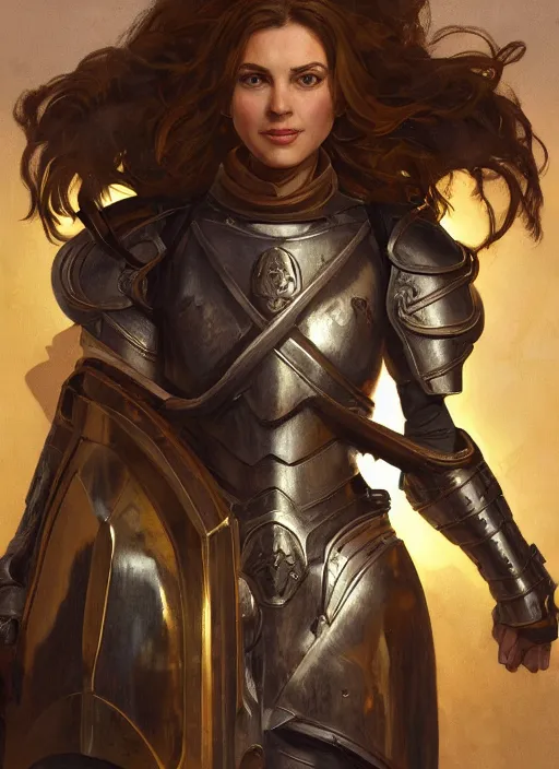 Image similar to medium - length portrait of a female paladin wreathed in holy light with short curly hair and brown eyes, dark brown skin, happy expression, wears a combination of plate armor and boiled leather, medieval setting, highly detailed, digital painting, artstation, concept art, sharp focus, illustration, art by greg rutkowski and alphonse mucha