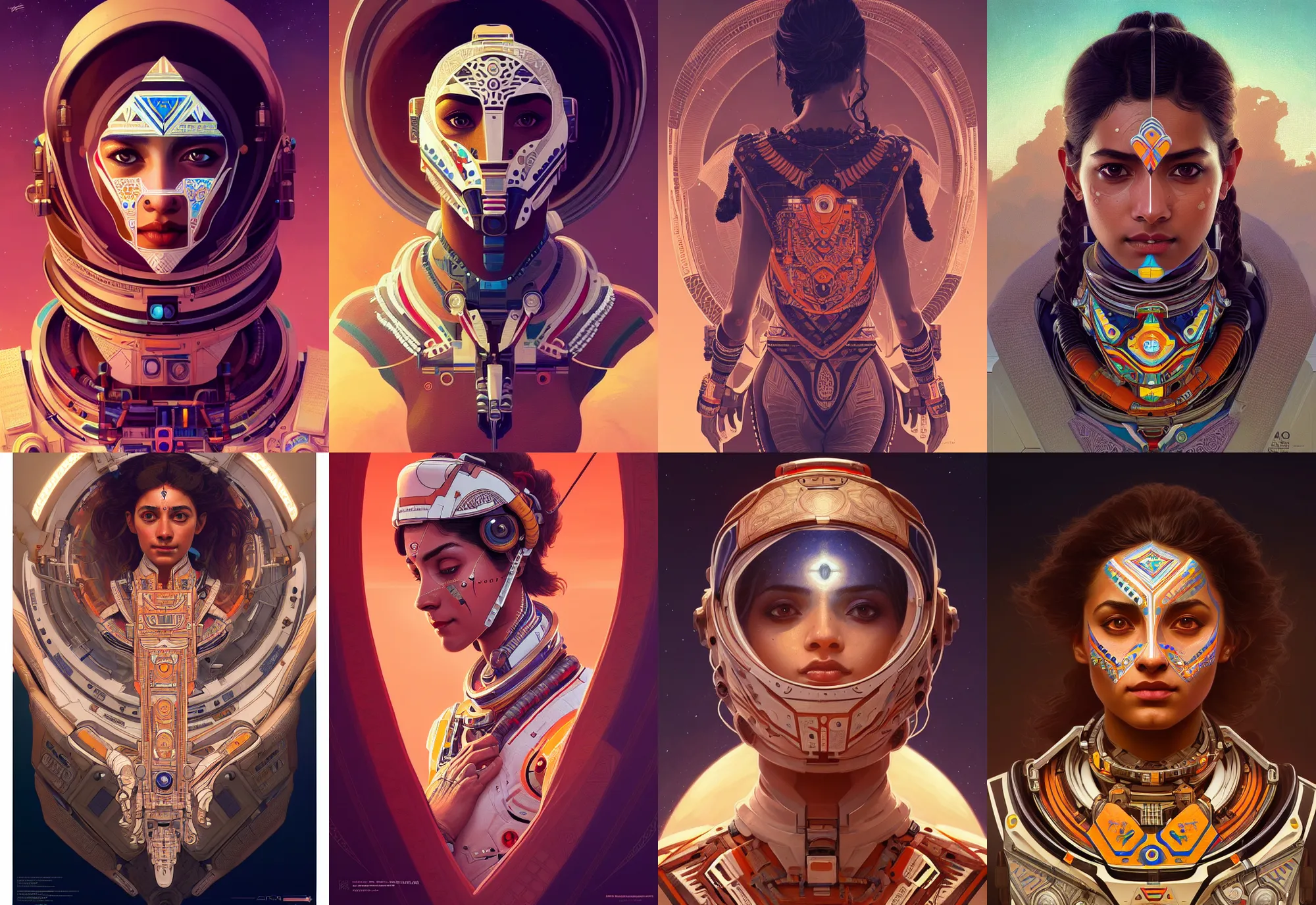 Prompt: symmetry!! portrait of an astronaut with kerala motifs, horizon zero dawn machine, intricate, elegant, highly detailed, digital painting, artstation, concept art, smooth, sharp focus, illustration, art by artgerm and greg rutkowski and alphonse mucha, 8 k