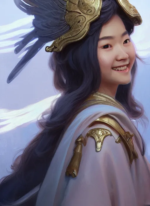 Image similar to Close-up portrait of smiling young asian woman wearing a winged helmet and a robe, holding a magic staff, portrait, highly detailed, digital painting, artstation, concept art, sharp focus, illustration, art by artgerm and greg rutkowski and alphonse mucha