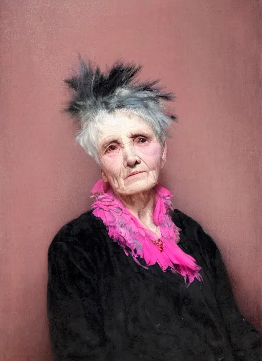 Image similar to a detailed portrait of old woman with a mohawk by edouard bisson, year, 1 9 2 0, pink hair, punk rock, oil painting, muted colours, soft lighting