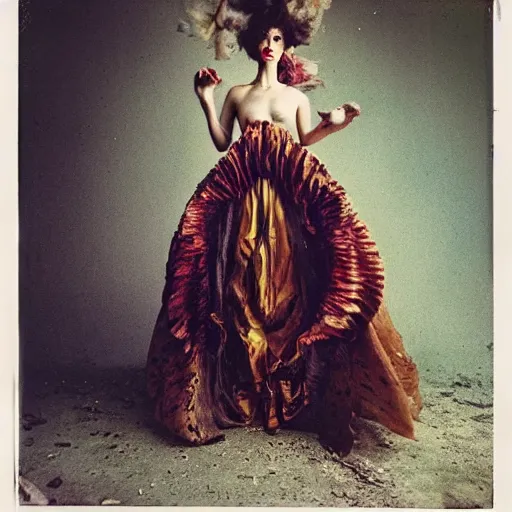 Image similar to damaged kodak portra 4 0 0, wetplate, photo of a surreal artsy dream scene,, very beautiful model, weird fashion, grotesque, extravagant dress, strange pose, carneval, with an animal, wtf, photographed by paolo roversi style