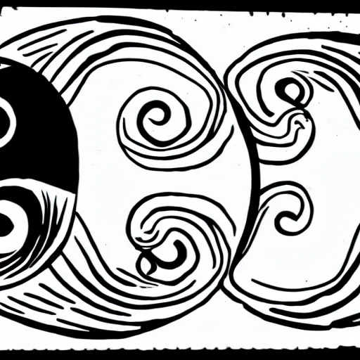 Image similar to whimsical yin Yang sea creatures as old black and white fleischer animation