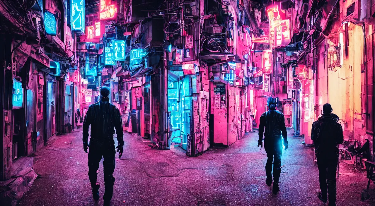 Prompt: a photo of a cyberpunk man walking in a medival village, the photo was taken from the ground looking up at the man's back, the city does not have any glowing lights, it is night time, the man has glowing neon pink and blue lights on his back, ultra high detail.