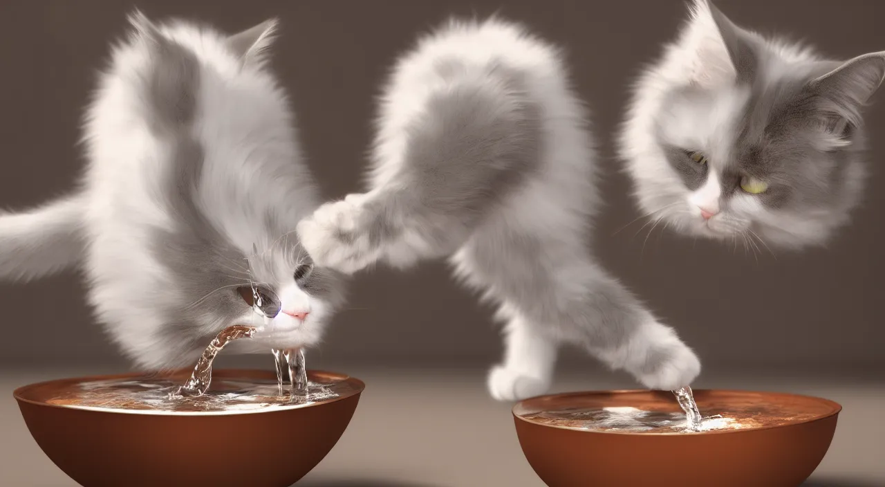 Image similar to A cat drinking water from a bowl, fluffy cat, ragdoll cat, digital art, octane render