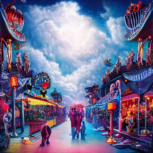 Image similar to ultra realist soft painting of a curiosities carnival by night, nightmare fuel, omnious sky, symmetry accurate features, very intricate details, film noir, volumetric clouds