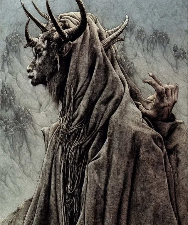 Image similar to A detailed horned goatwoman stands among the hills. Wearing a ripped mantle, robe. Perfect faces, extremely high details, realistic, fantasy art, solo, masterpiece, art by Zdzisław Beksiński, Arthur Rackham, Dariusz Zawadzki