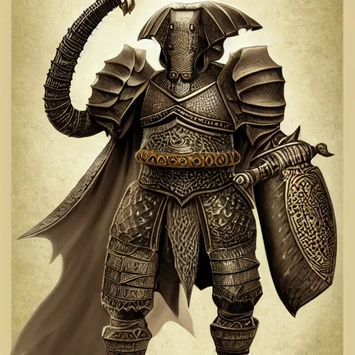 Prompt: elephantine armored knight mace, ornate, anthropomorphic humanoid, elephant head, dungeons and dragons manual illustration, al - qadim