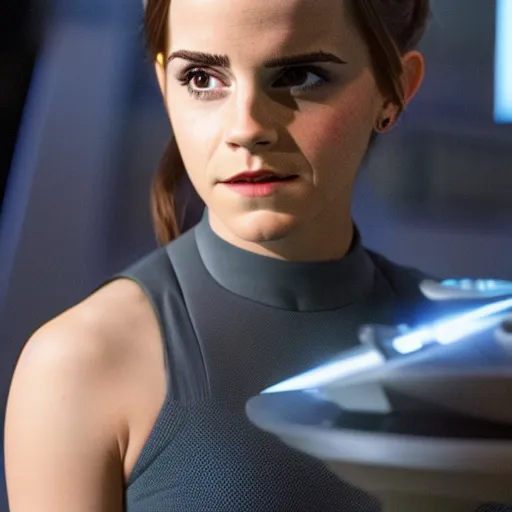 Image similar to Emma Watson in Star Trek, XF IQ4, f/1.4, ISO 200, 1/160s, 8K, Sense of Depth, color and contrast corrected, RAW, Dolby Vision, symmetrical balance, in-frame