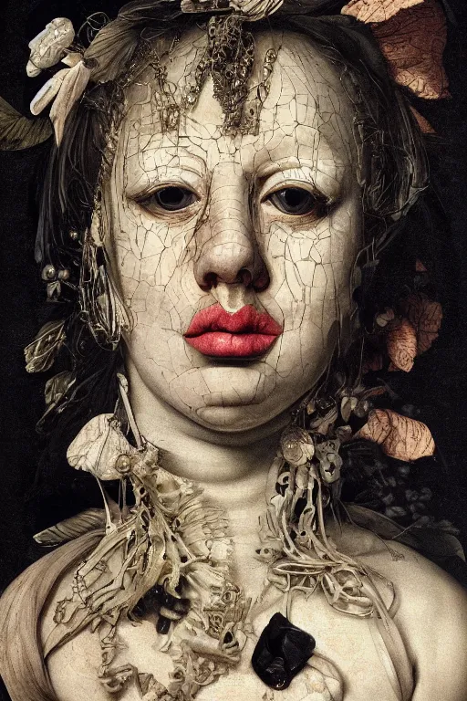 Image similar to Detailed maximalist portrait with large lips and with large white eyes, sad, exasperated expression, HD mixed media, 3D collage, highly detailed and intricate illustration in the style of Caravaggio, dark art, baroque