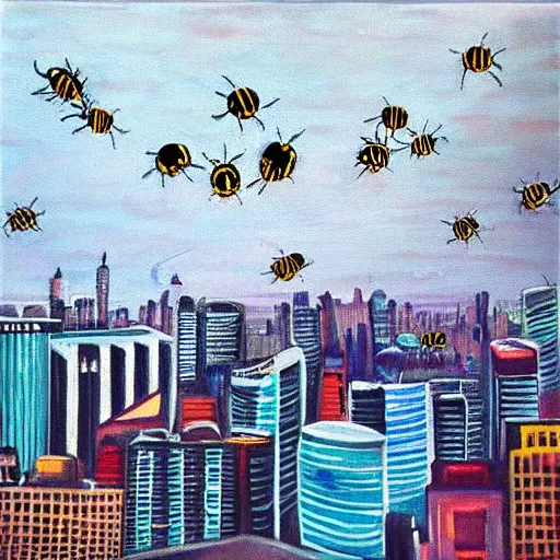 Prompt: “big bees over a city oil panting”