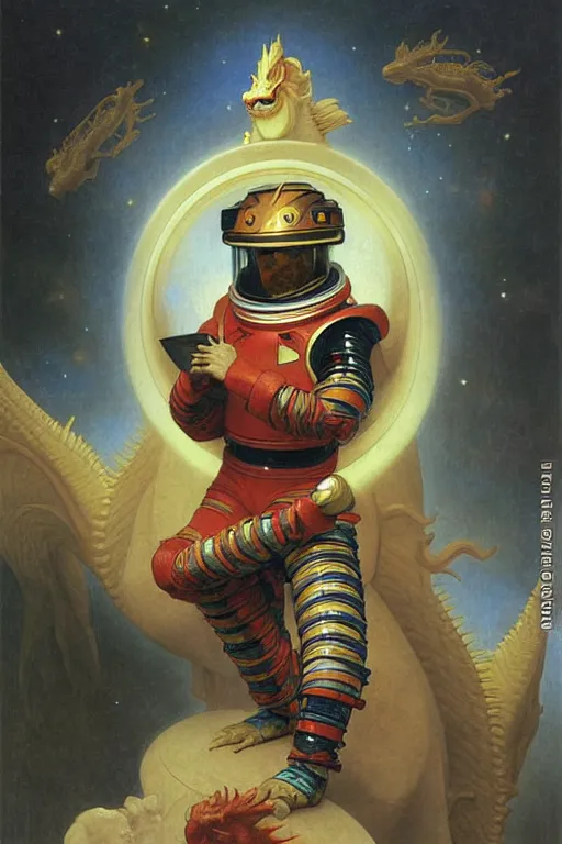 Image similar to portrait of a astronaut is a chinese dragon in armor and helmet, majestic, solemn, in space, by bouguereau